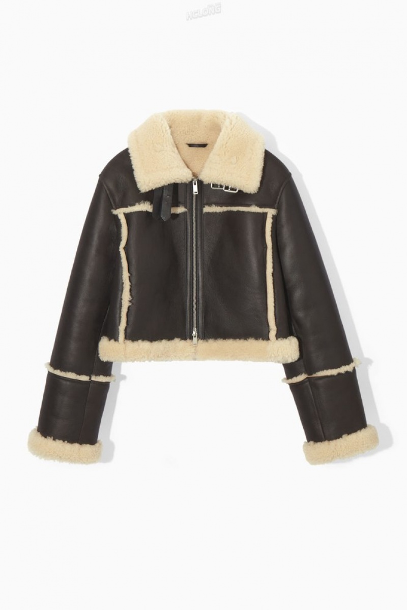 Dark Brown / Cream COS Cropped Shearling Jacket | GA62-C0ZV