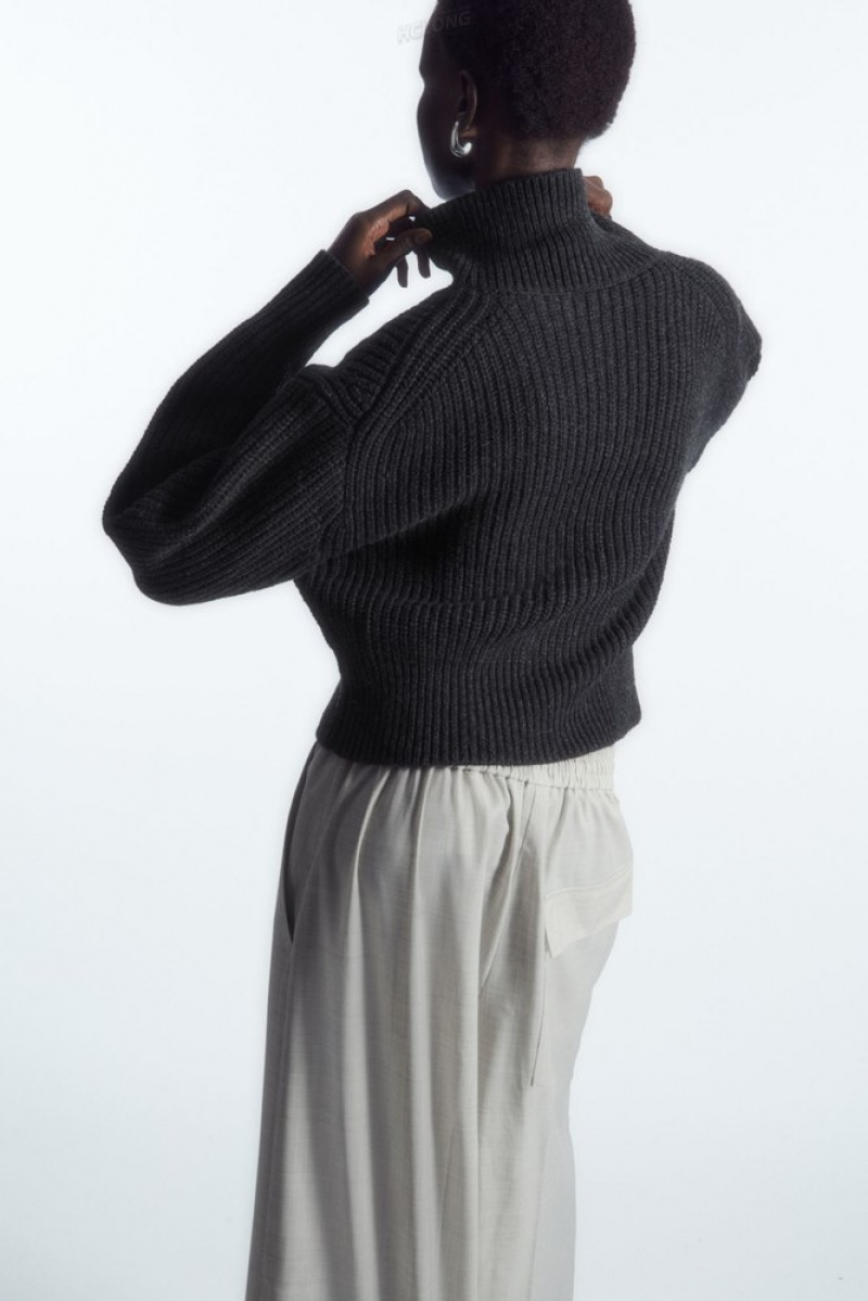 Dark Gray Melange COS Half-Zip Funnel-Neck Wool Sweater | OM70-V9NL