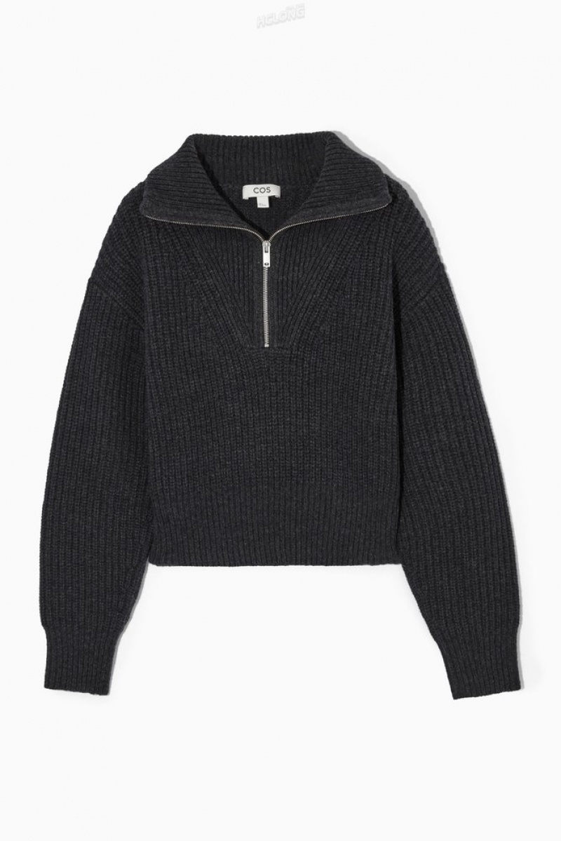 Dark Gray Melange COS Half-Zip Funnel-Neck Wool Sweater | OM70-V9NL