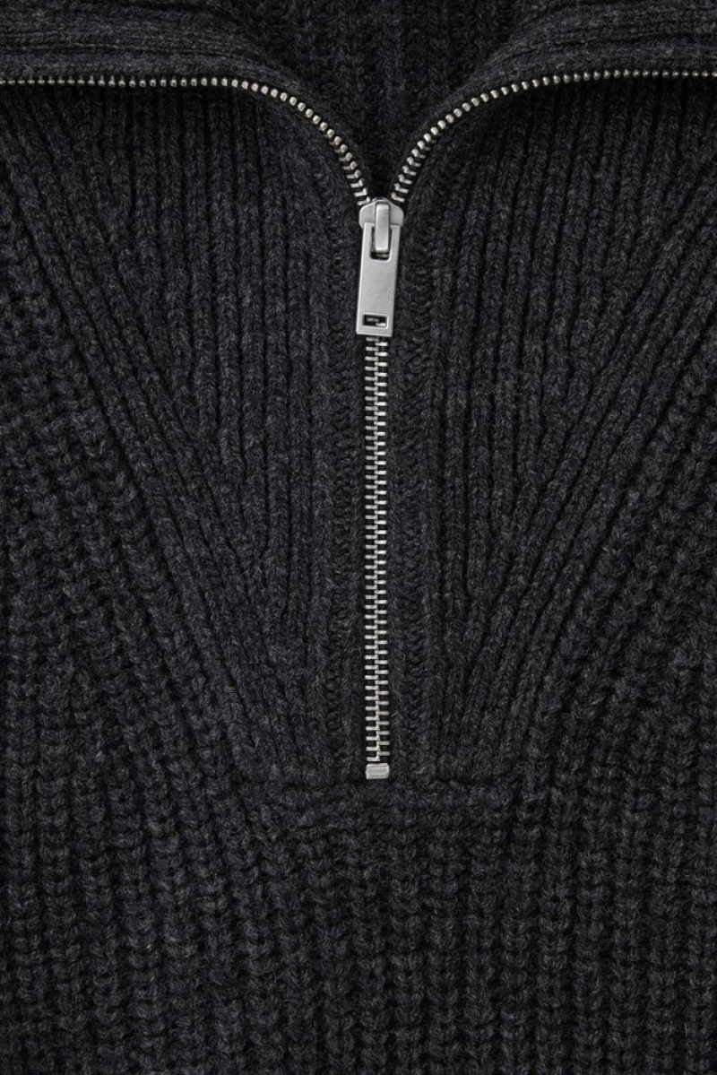 Dark Gray Melange COS Half-Zip Funnel-Neck Wool Sweater | OM70-V9NL