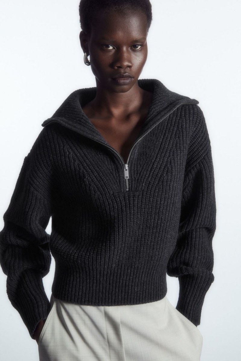 Dark Gray Melange COS Half-Zip Funnel-Neck Wool Sweater | OM70-V9NL