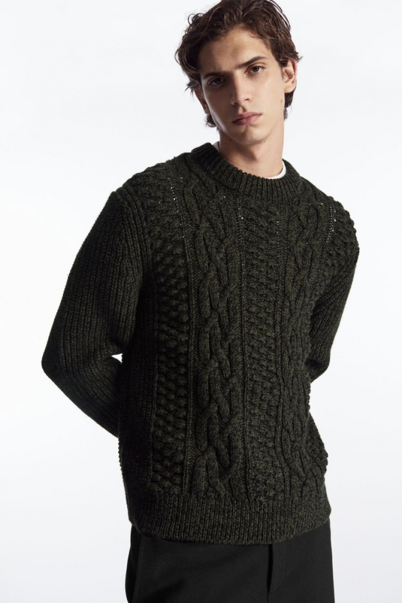 Dark Green COS Cable-Knit Wool Jumper | XZ56-L2KB