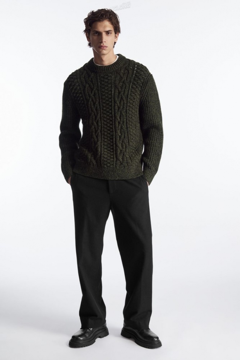 Dark Green COS Cable-Knit Wool Jumper | XZ56-L2KB