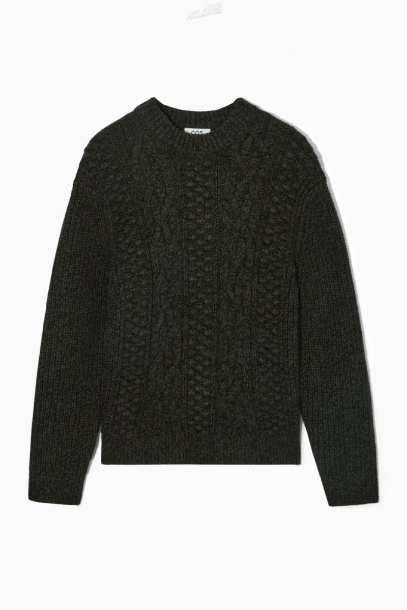 Dark Green COS Cable-Knit Wool Jumper | XZ56-L2KB