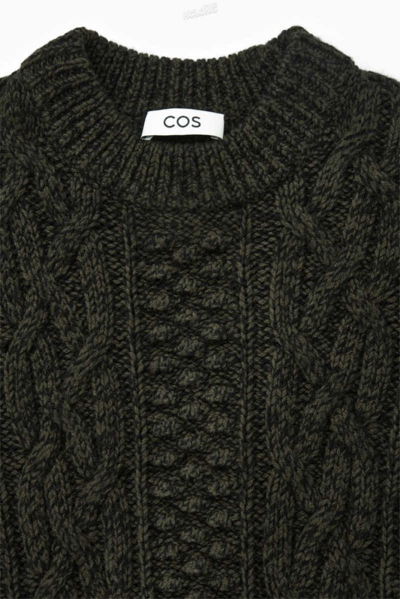 Dark Green COS Cable-Knit Wool Jumper | XZ56-L2KB