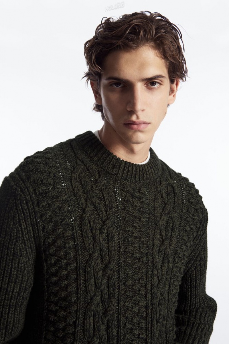 Dark Green COS Cable-Knit Wool Jumper | XZ56-L2KB