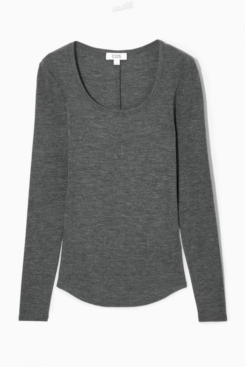 Dark Grey MéLange COS Scoop-Neck Merino Wool Long-Sleeved Top | FD31-P1ES