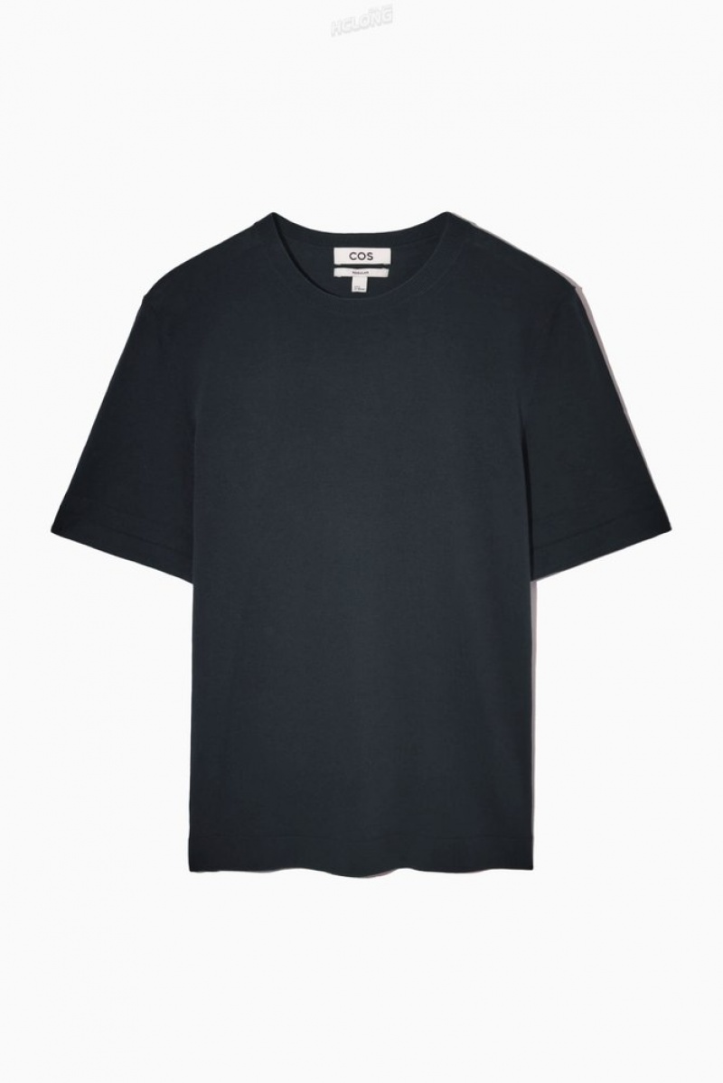 Dark Navy COS Regular-Fit Knitted-Cuff T-Shirt | LY29-M0FD