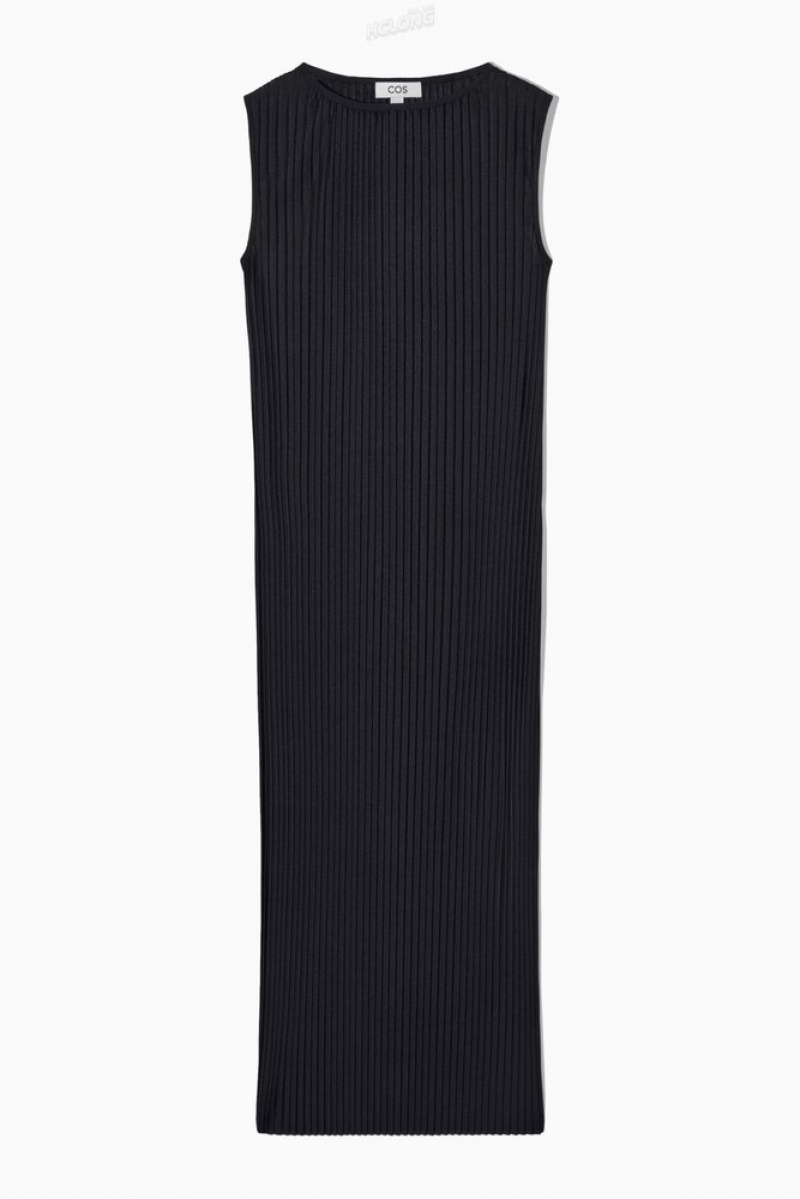 Dark Navy COS Sleeveless Pleated Maxi Dress | EO40-B7EK