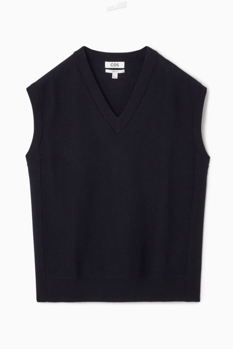 Dark Navy COS V-Neck Boiled-Wool Vest | EN99-F9FG