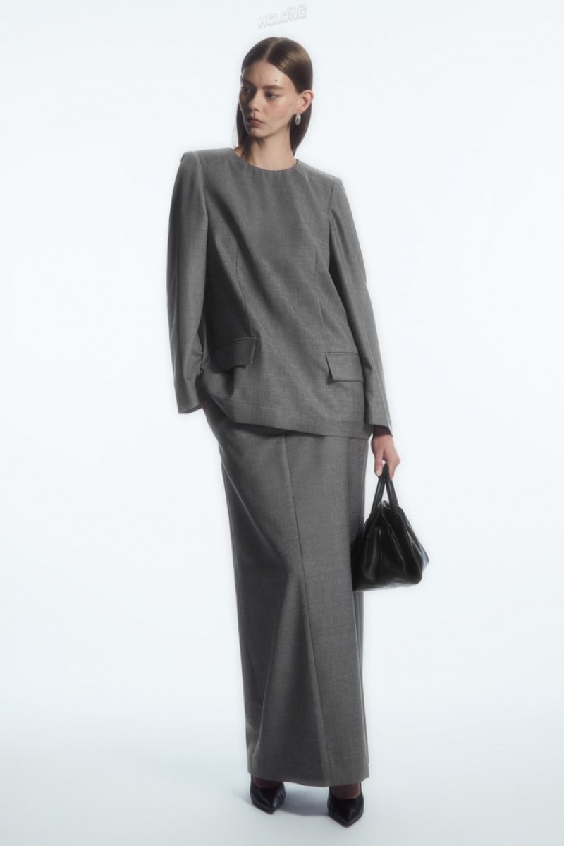 Gray COS Deconstructed Power-Shoulder Wool Top | DA59-D9XF