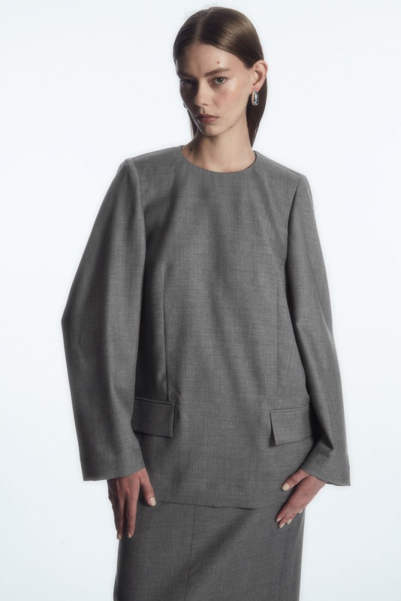 Gray COS Deconstructed Power-Shoulder Wool Top | DA59-D9XF