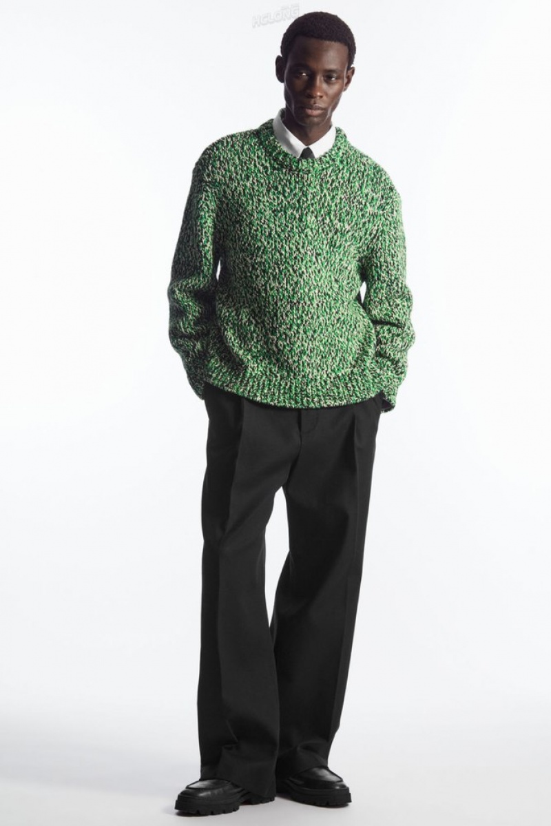 Green / Black / White COS Tri-Tone Wool Crew-Neck Sweater | SS23-U1GV