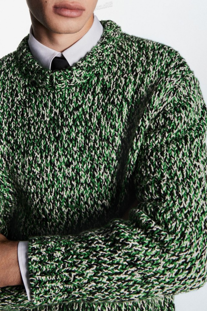 Green / Black / White COS Tri-Tone Wool Crew-Neck Sweater | SS23-U1GV