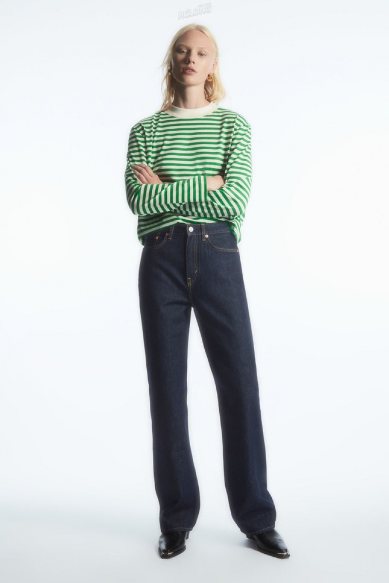 Green / Striped COS Long-Sleeved Mock-Neck T-Shirt | IN18-N8VZ