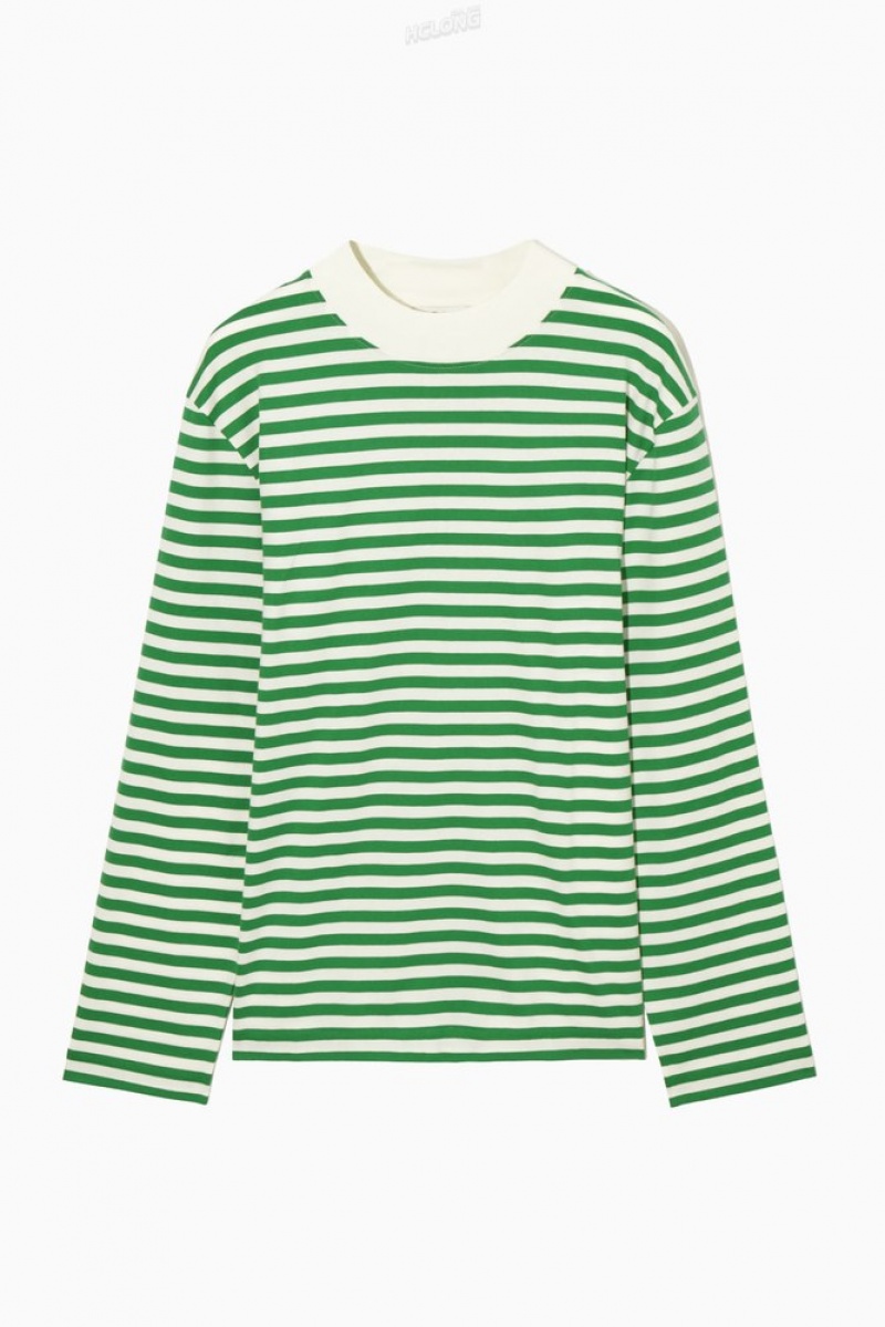 Green / Striped COS Long-Sleeved Mock-Neck T-Shirt | IN18-N8VZ