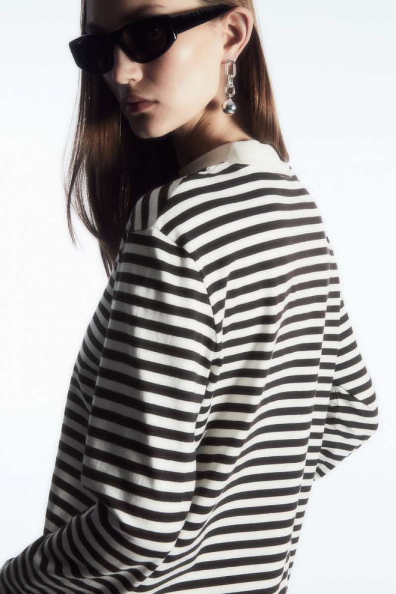 Green / Striped COS Long-Sleeved Mock-Neck T-Shirt | YM07-X3CU