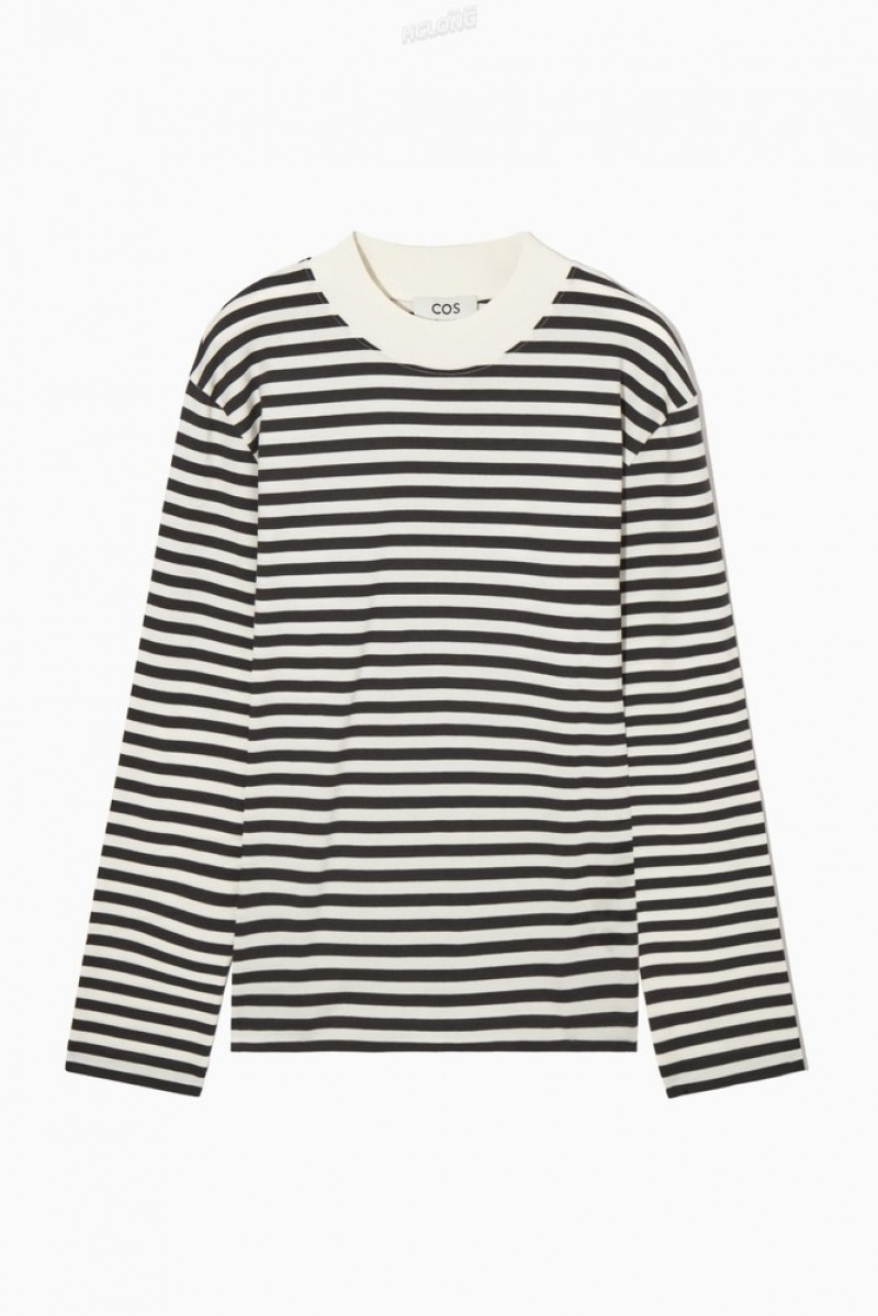 Green / Striped COS Long-Sleeved Mock-Neck T-Shirt | YM07-X3CU