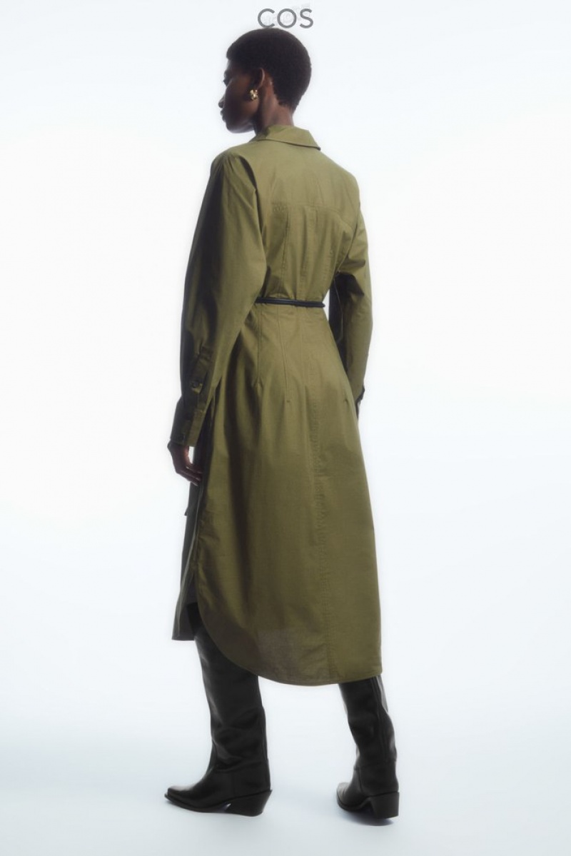 Khaki Green COS Waisted Midi Shirt Dress | PS87-R3DH