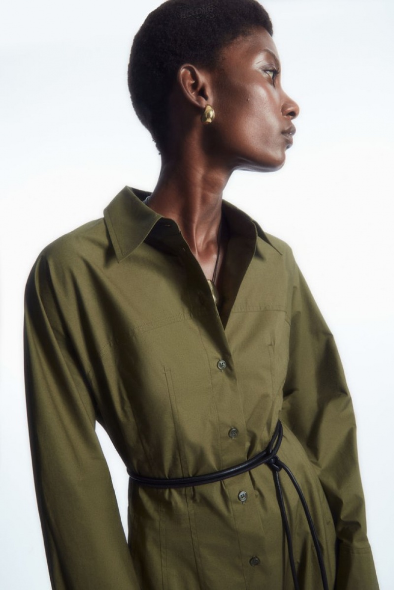 Khaki Green COS Waisted Midi Shirt Dress | PS87-R3DH