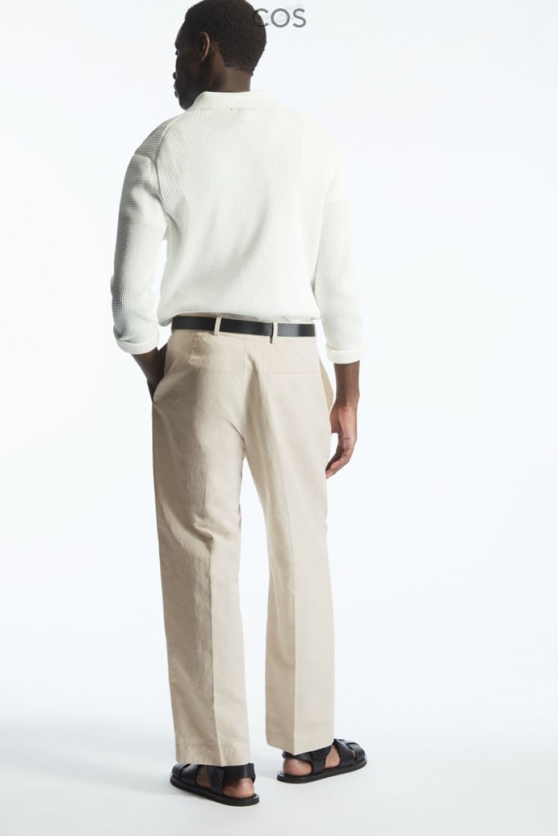 Light Beige COS Pleated Straight-Leg Linen-Blend Trousers | XX35-E2FM