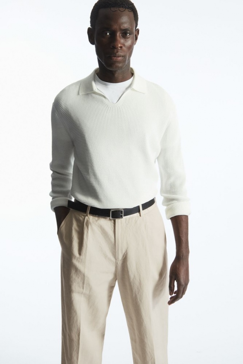 Light Beige COS Pleated Straight-Leg Linen-Blend Trousers | XX35-E2FM