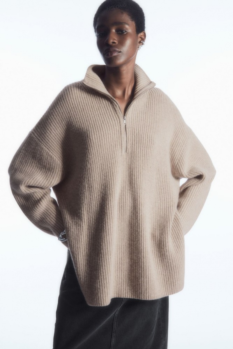 Light Beige MéLange COS Oversized Cashmere-Blend Half-Zip Jumper | DZ30-B7YG