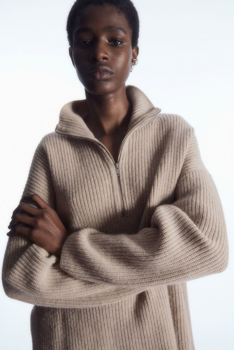 Light Beige MéLange COS Oversized Cashmere-Blend Half-Zip Jumper | DZ30-B7YG