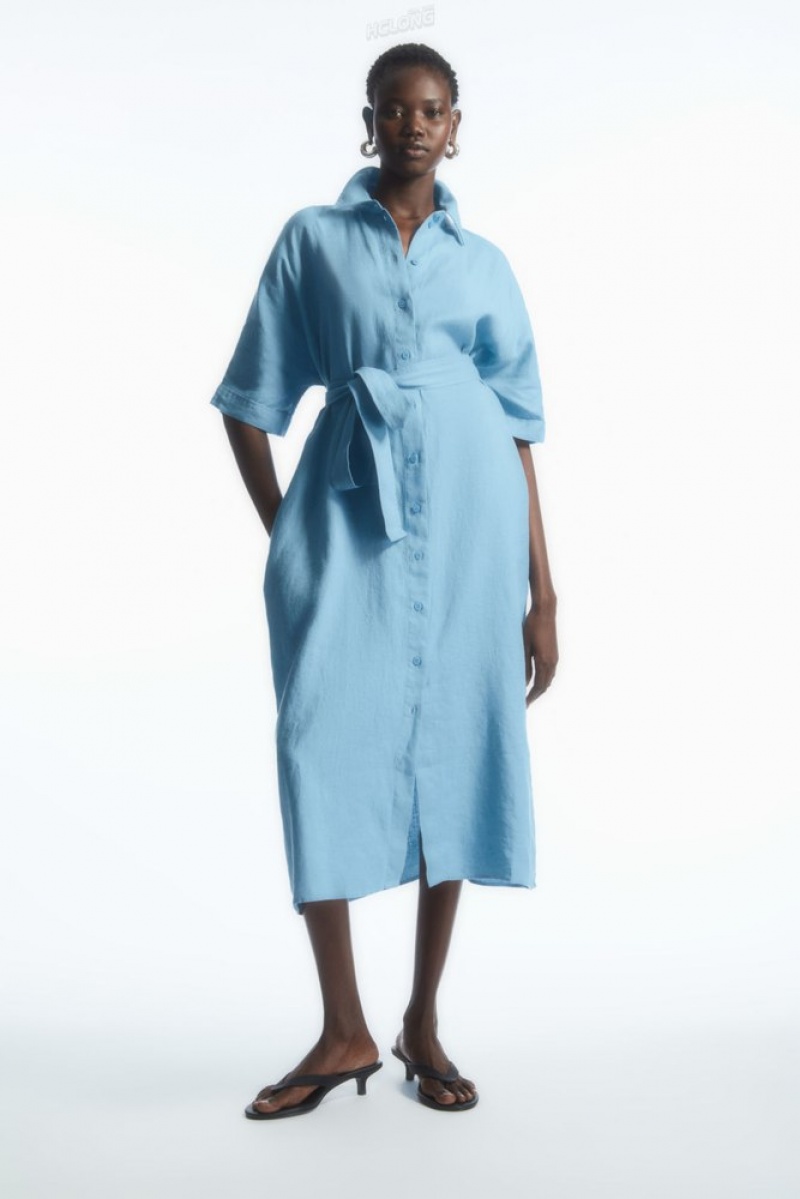 Light Blue COS Belted Linen Shirt Dress | HI21-P2IJ