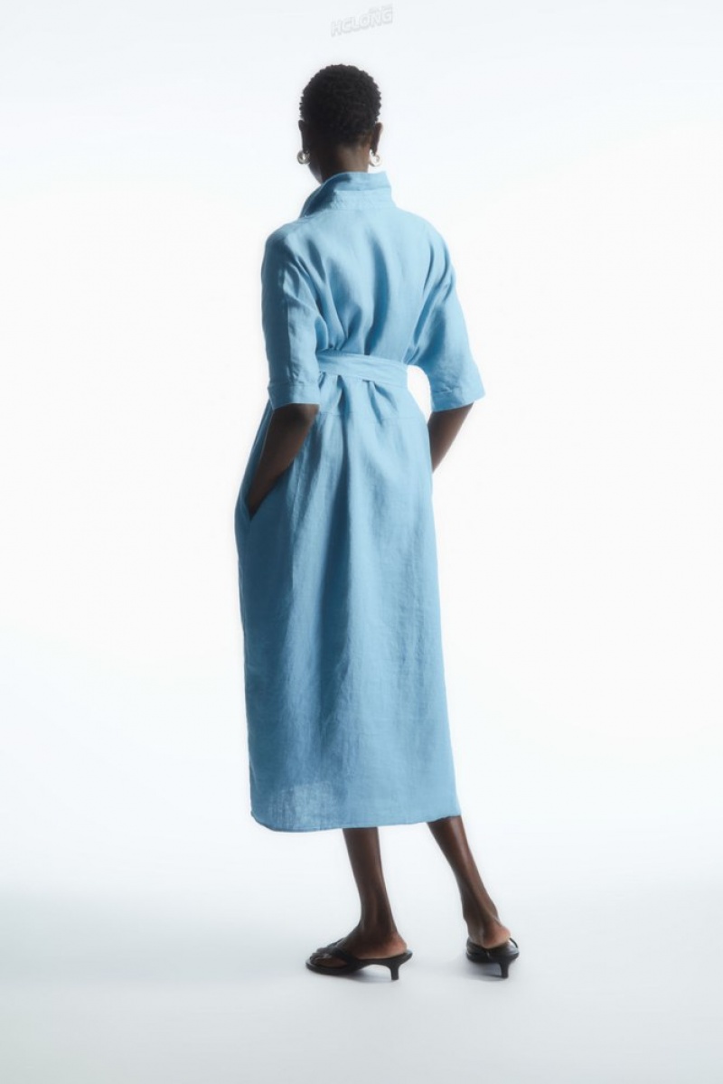 Light Blue COS Belted Linen Shirt Dress | HI21-P2IJ