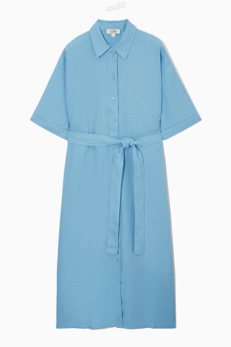 Light Blue COS Belted Linen Shirt Dress | HI21-P2IJ