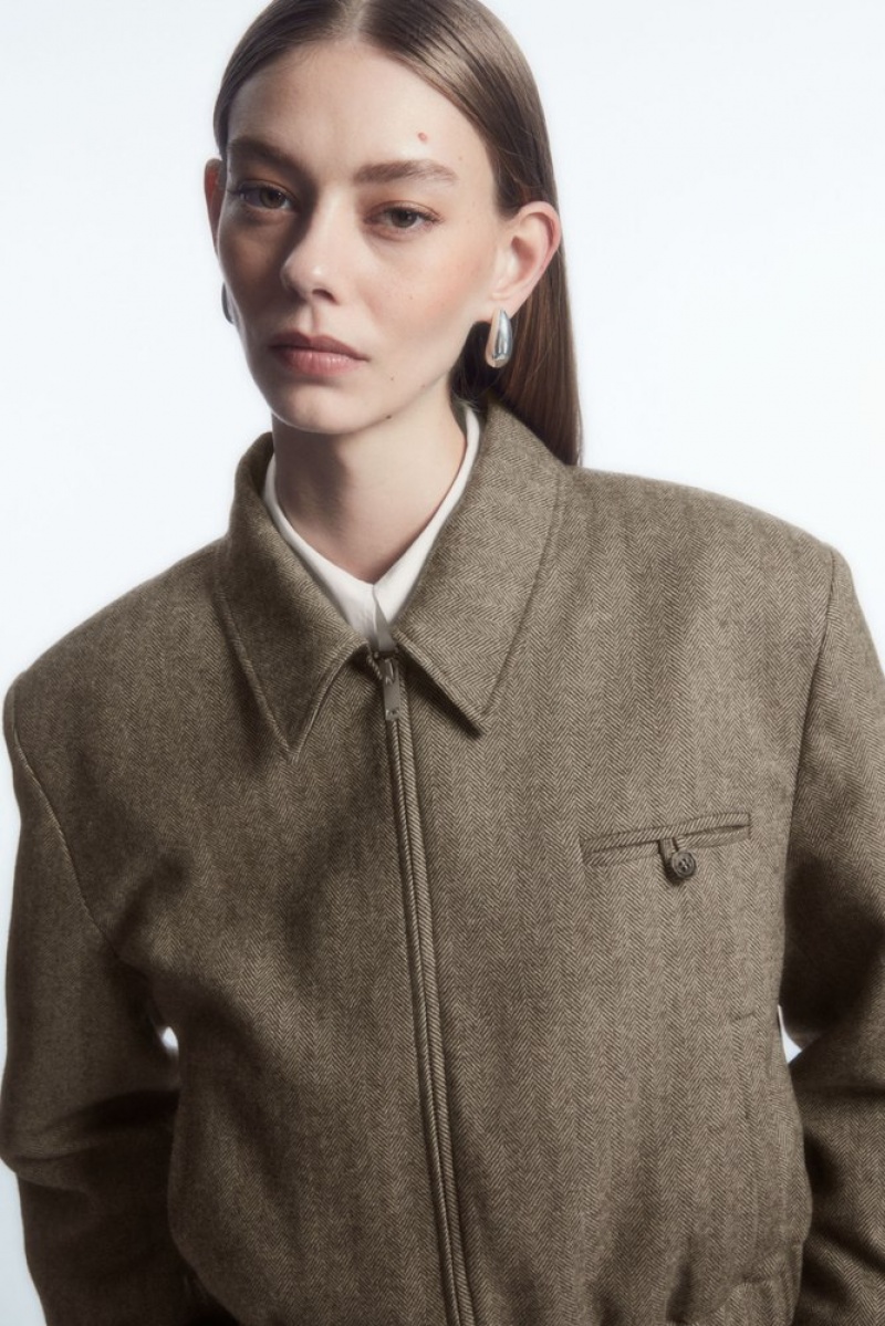 Light Brown COS Power-Shoulder Wool-Herringbone Jacket | TS28-S0JD