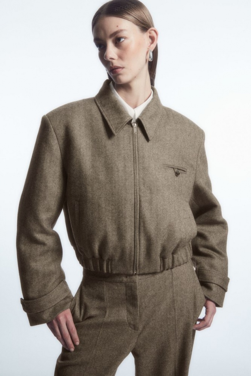 Light Brown COS Power-Shoulder Wool-Herringbone Jacket | TS28-S0JD