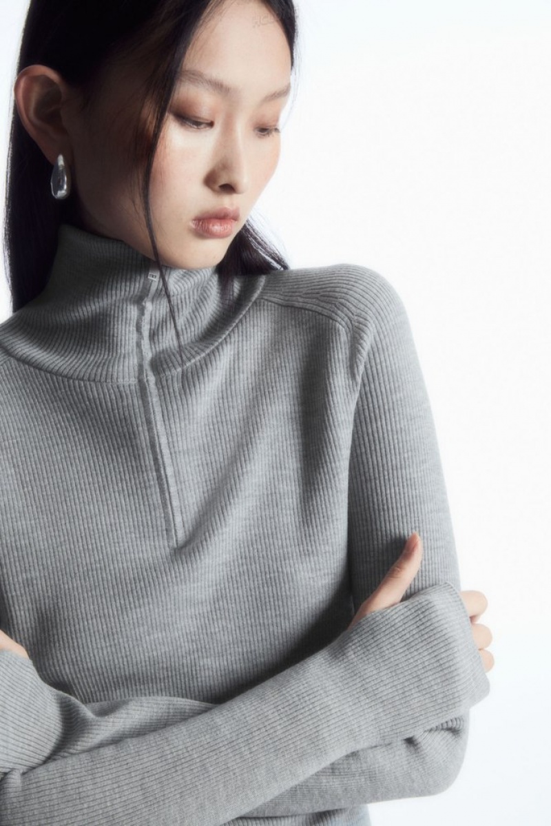 Light Gray MéLange COS Ribbed Wool Half-Zip Top | FR01-F5LC