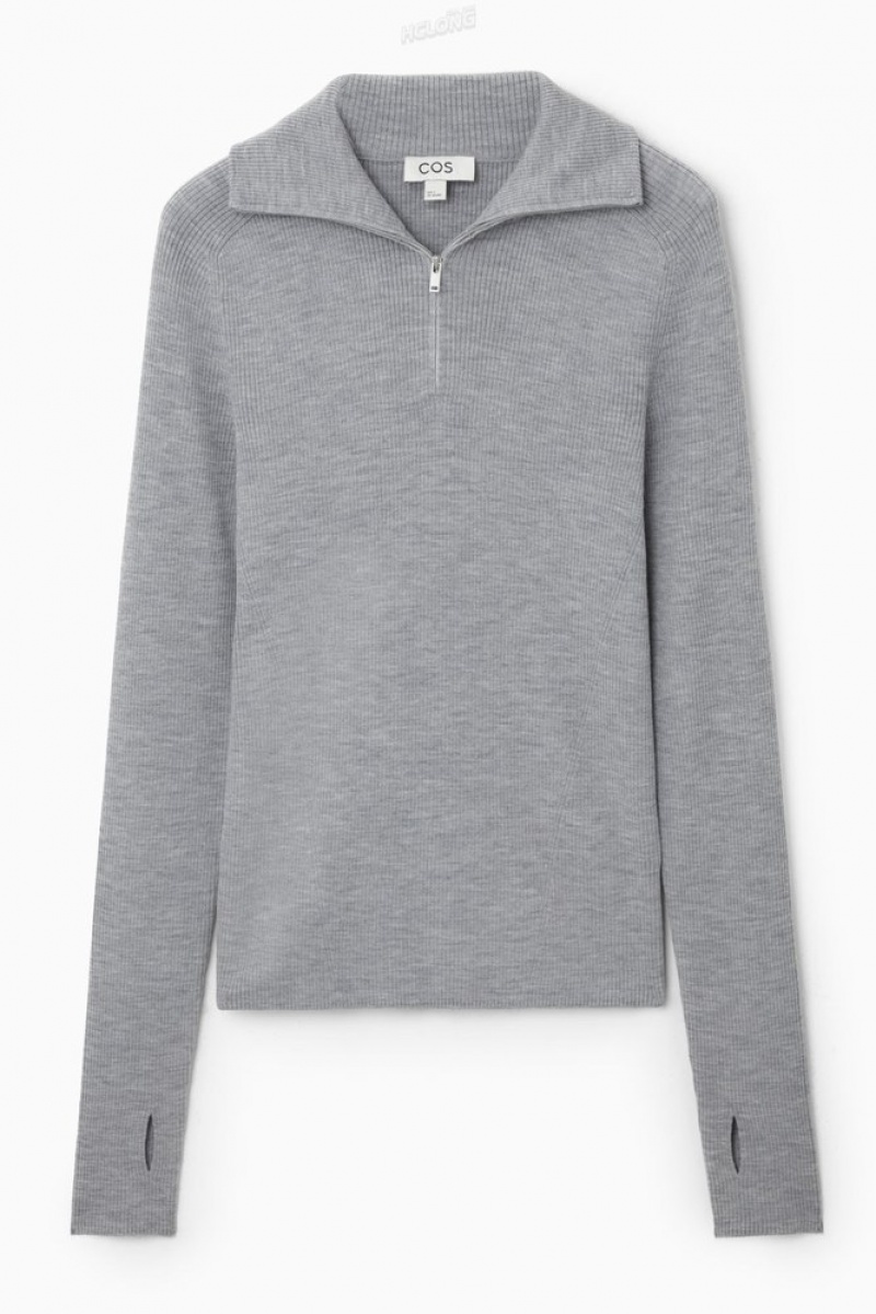 Light Gray MéLange COS Ribbed Wool Half-Zip Top | FR01-F5LC