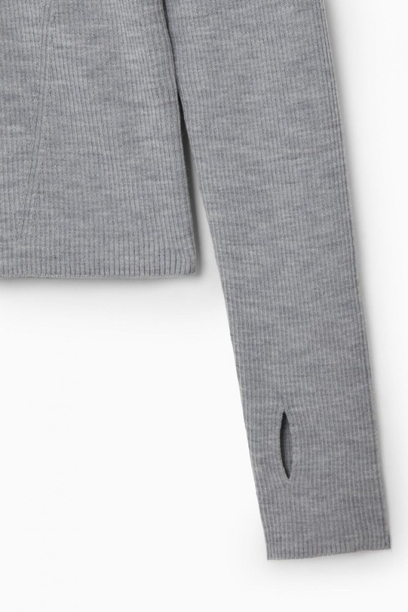 Light Gray MéLange COS Ribbed Wool Half-Zip Top | FR01-F5LC