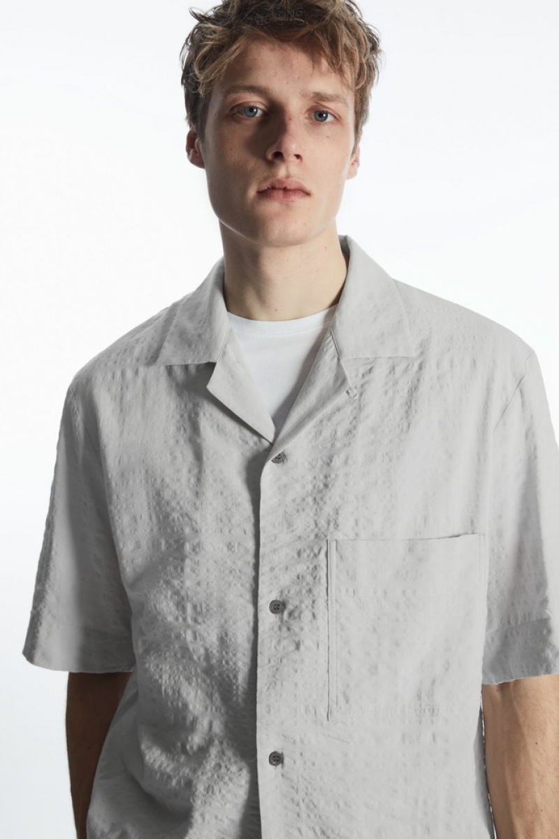 Light Grey COS Camp-Collar Seersucker Shirt | CG48-N5TT