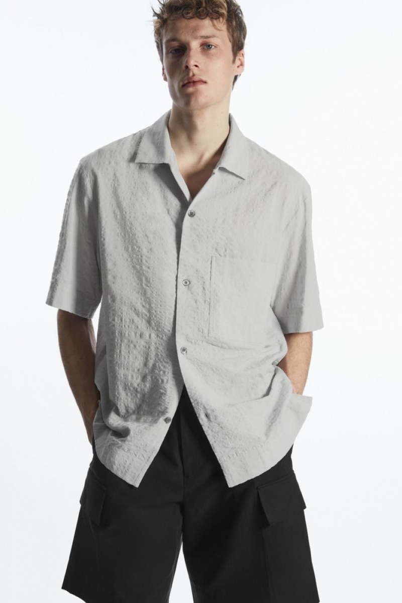 Light Grey COS Camp-Collar Seersucker Shirt | CG48-N5TT