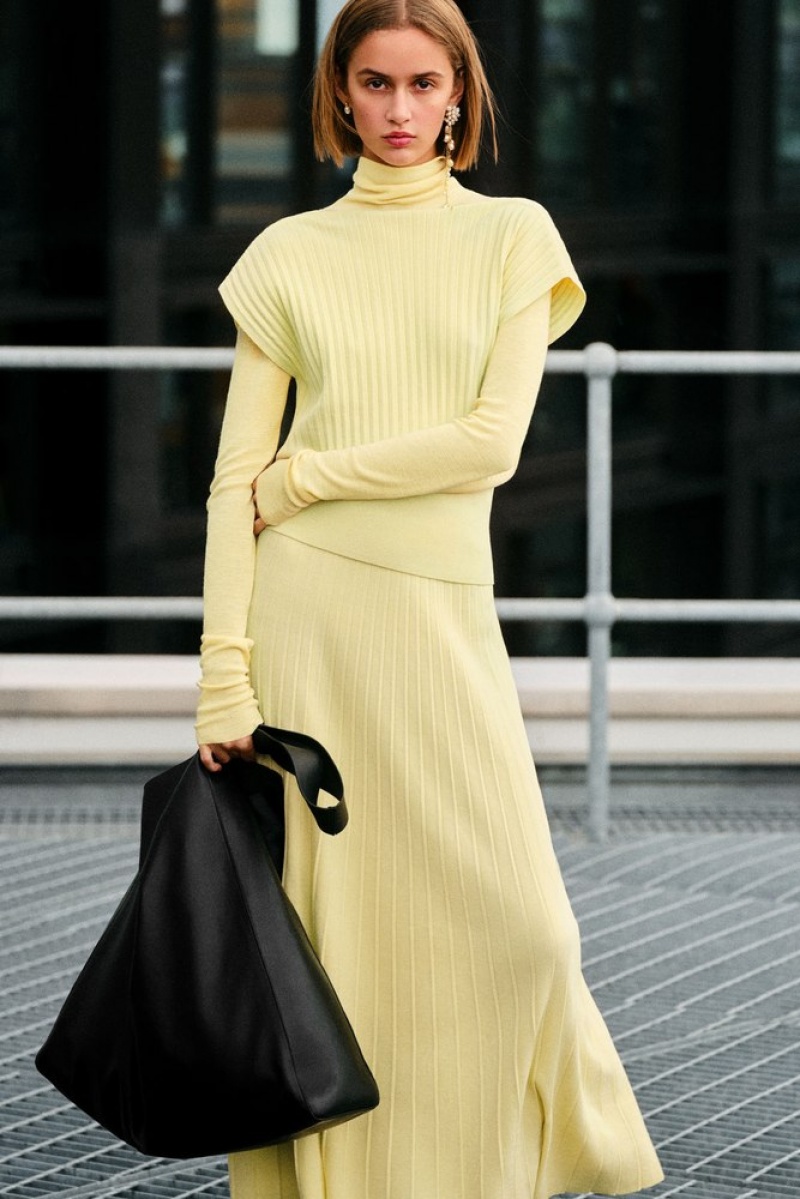 Light Yellow COS Pleated Knitted Maxi Skirt | DP12-F8EZ