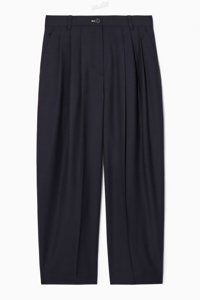 Navy COS Barrel-Leg Wool Trousers | YX75-X3AQ