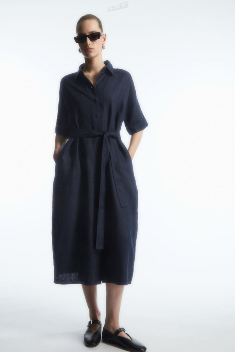 Navy COS Belted Linen Shirt Dress | GH88-X4OK