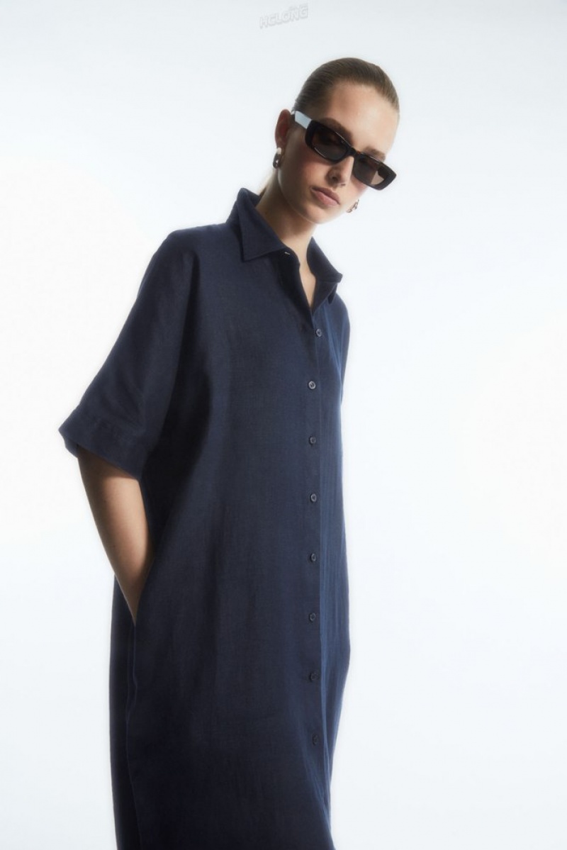 Navy COS Belted Linen Shirt Dress | GH88-X4OK