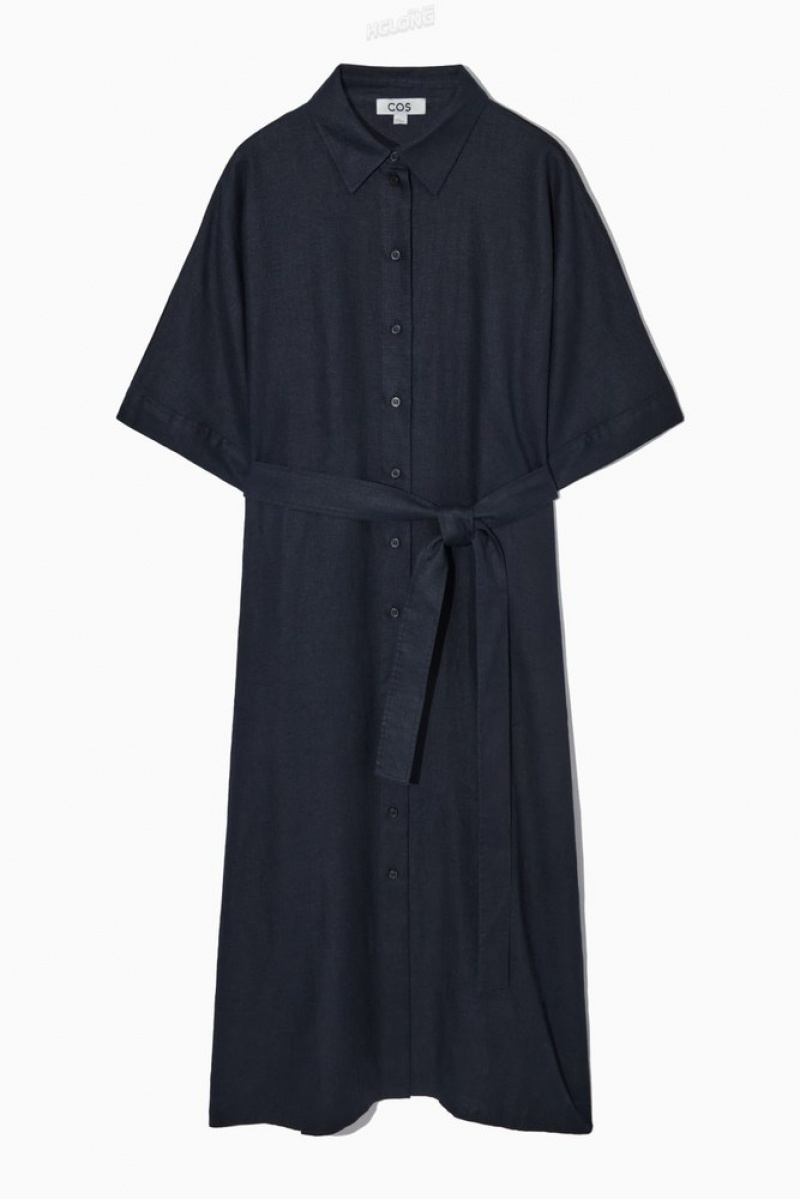 Navy COS Belted Linen Shirt Dress | GH88-X4OK