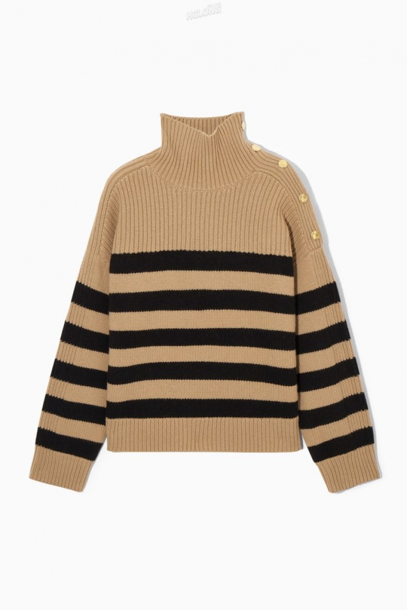 Navy COS Button-Embellished Striped Wool Sweater | UW47-I5AZ