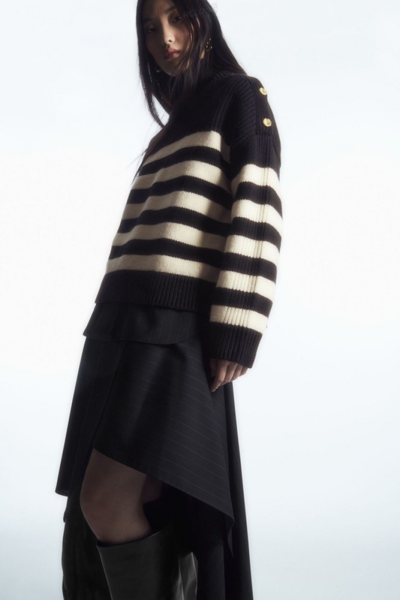 Navy COS Button-Embellished Striped Wool Sweater | OL78-O7PM