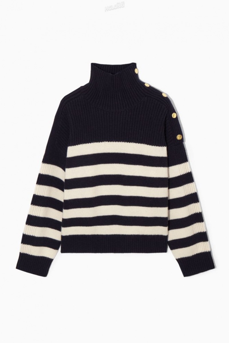 Navy COS Button-Embellished Striped Wool Sweater | OL78-O7PM