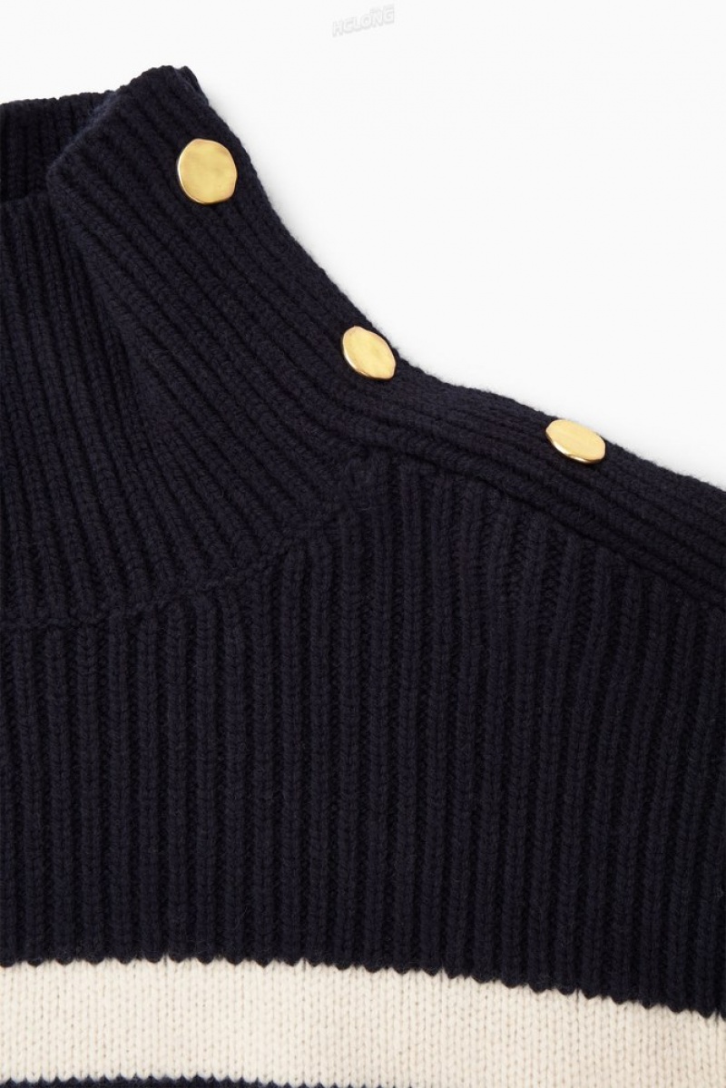 Navy COS Button-Embellished Striped Wool Sweater | OL78-O7PM