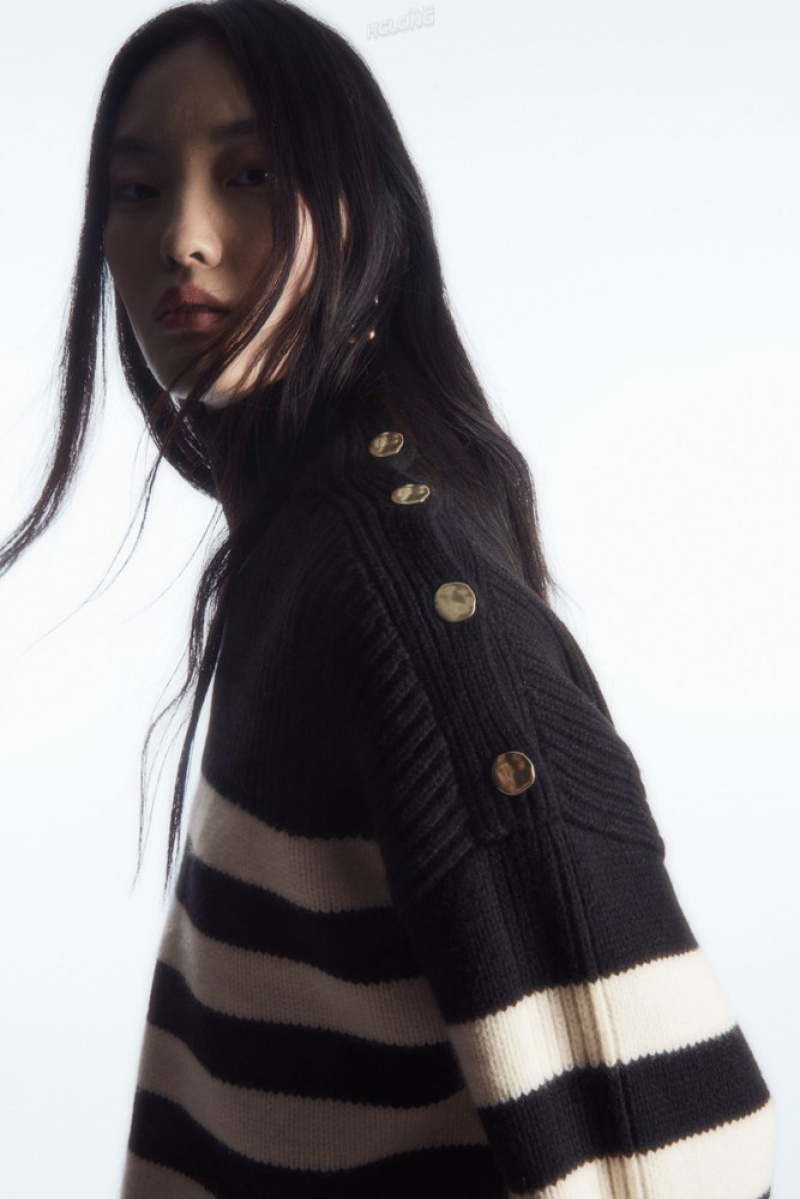 Navy COS Button-Embellished Striped Wool Sweater | OL78-O7PM