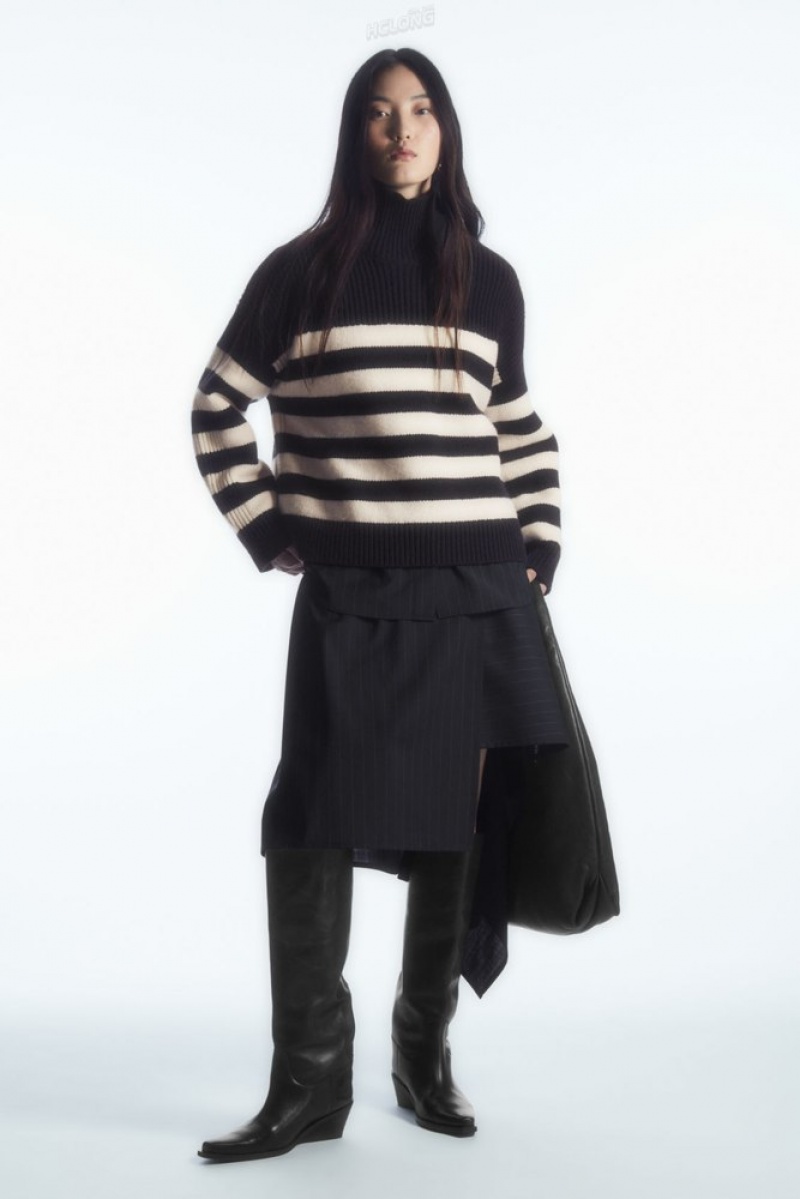 Navy COS Button-Embellished Striped Wool Jumper | WZ49-X7LP