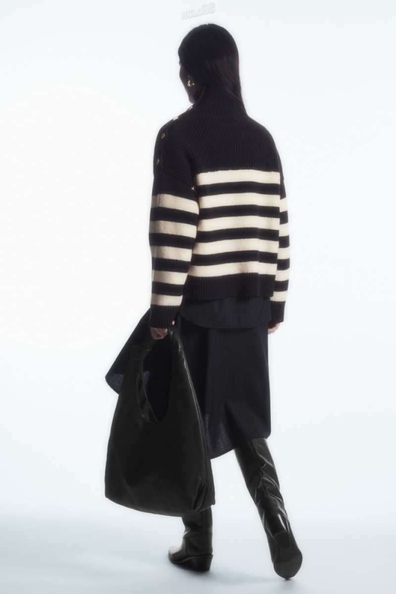 Navy COS Button-Embellished Striped Wool Jumper | WZ49-X7LP